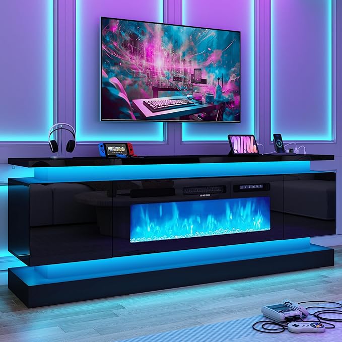 chartustriable 71IN LED TV Stands w/40 inch Fireplace Power Outlet