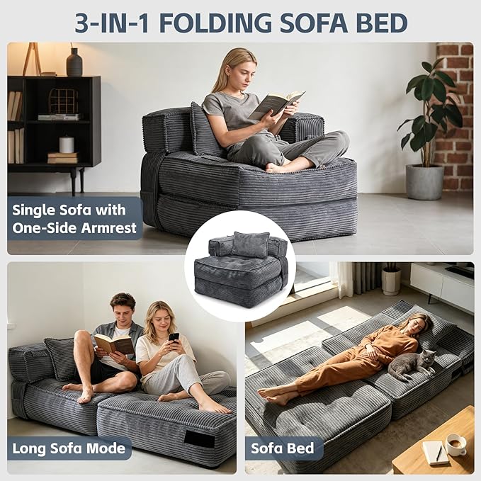 Folding Sofa Bed Chair with Armrests, Convertible Futon Couch Sleeper Chair