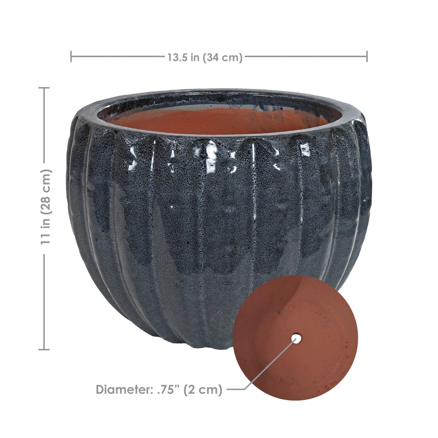 Sunnydaze 13.5" Fluted Ceramic Plant Pot - Features 1 Drainage Hole - 1.94 Gal Soil Capacity - Black Mist