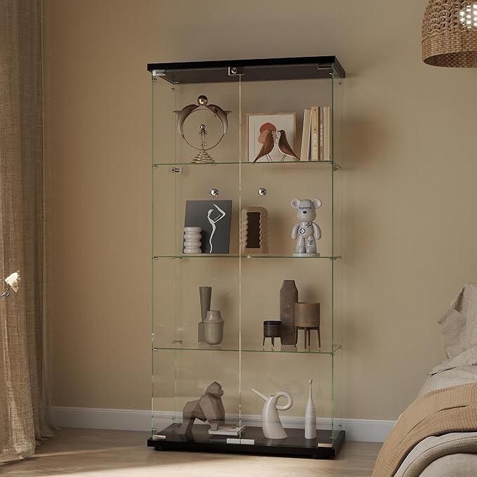 Display Cabinet with Glass Door and Lock, 4-Shelf Curio Cabinets with 5mm