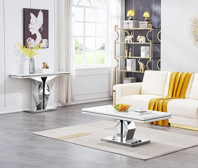 Henf 47" Marble Console Table Modern White Faux Marble Entryway Table