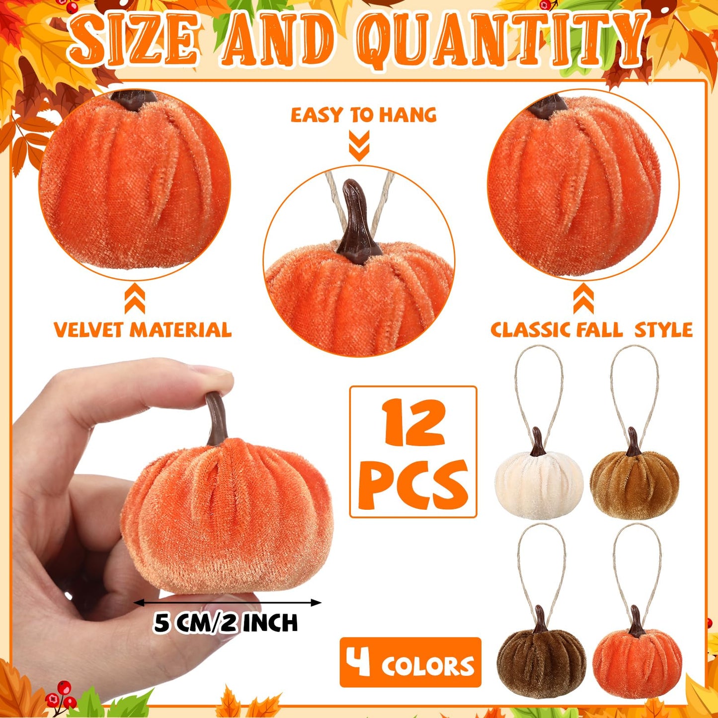 Vercraft 12 Pcs Thanksgiving Pumpkin Hanging Ornament 2 Inches Velvet Thanksgiving Fall Tree Decorations Fabric Small Tree Decorations for Farmhouse Harvest Autumn Home Party Decor(Neutral)