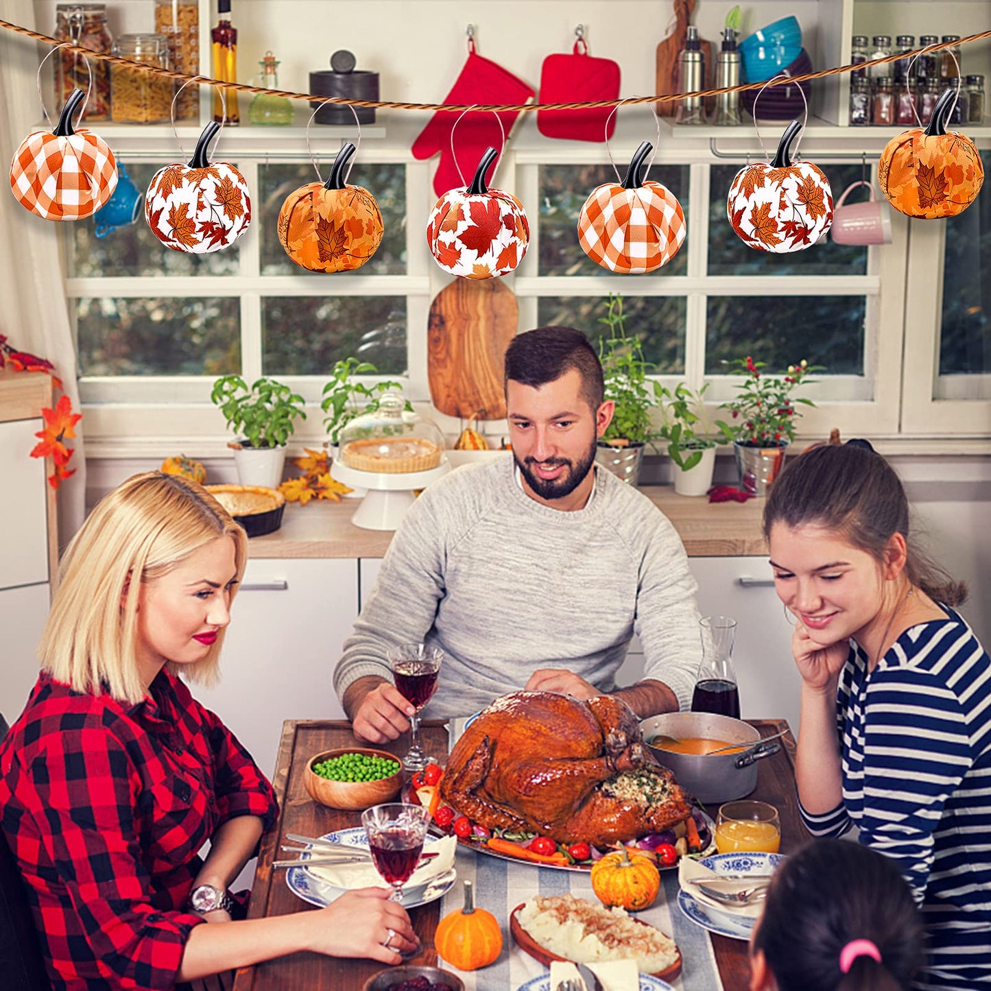 Sfcddtlg 12 Pcs Fall Thanksgiving Day Hanging Pumpkin- Maple Leaf Gingham Fabric Wrapped Hanging Ball Ornament for Farmhouse Fall Autumn Thanksgiving Party Home Décor