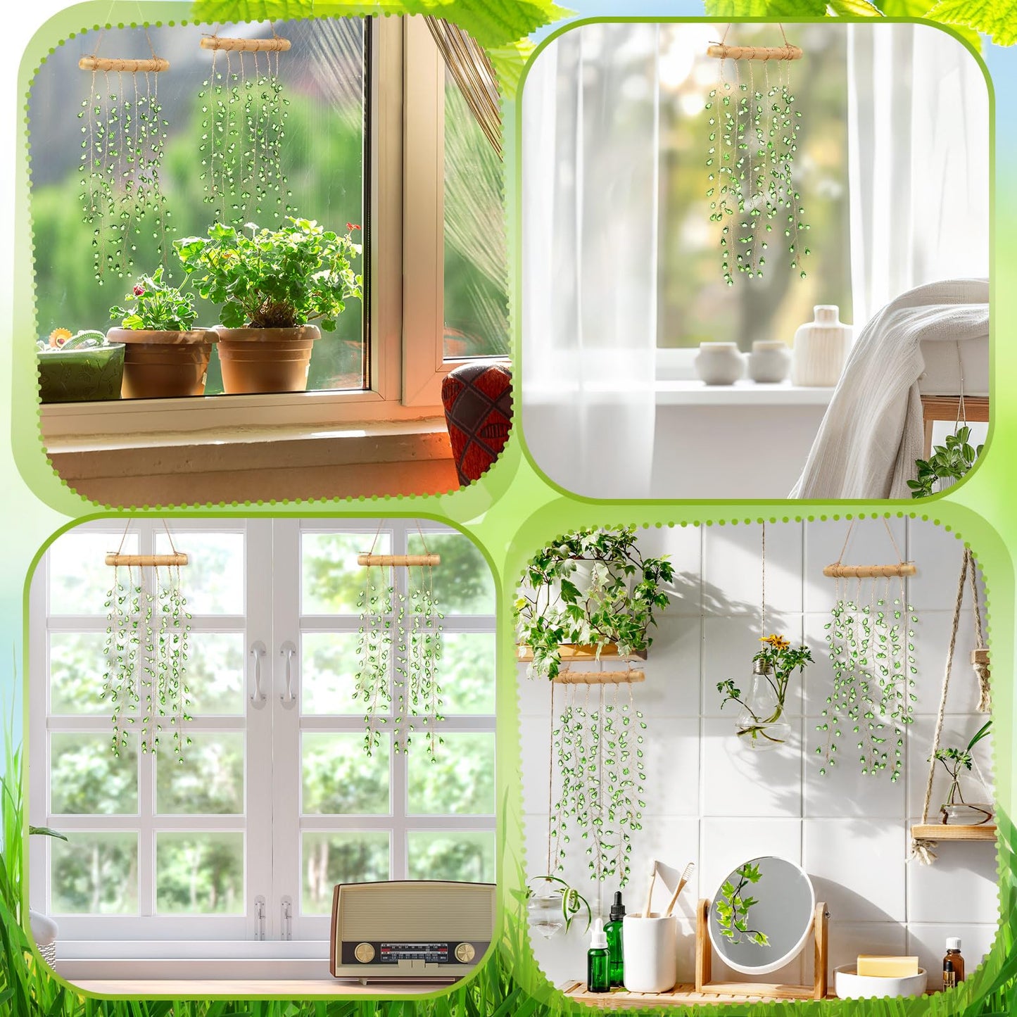 Suncalla 2 Pcs Crystal Suncatchers for Window Boho Decor Hanging Sun Catcher Making Rainbow Green Plants Artificial Crystal Prisms Wind Chime with Chain for Garden Home Wedding Ornament Gift
