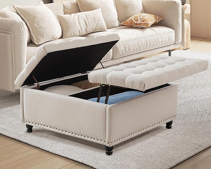 36" Large Square Ottoman with Storage, Tufted Upholstered Storage Ottoman with