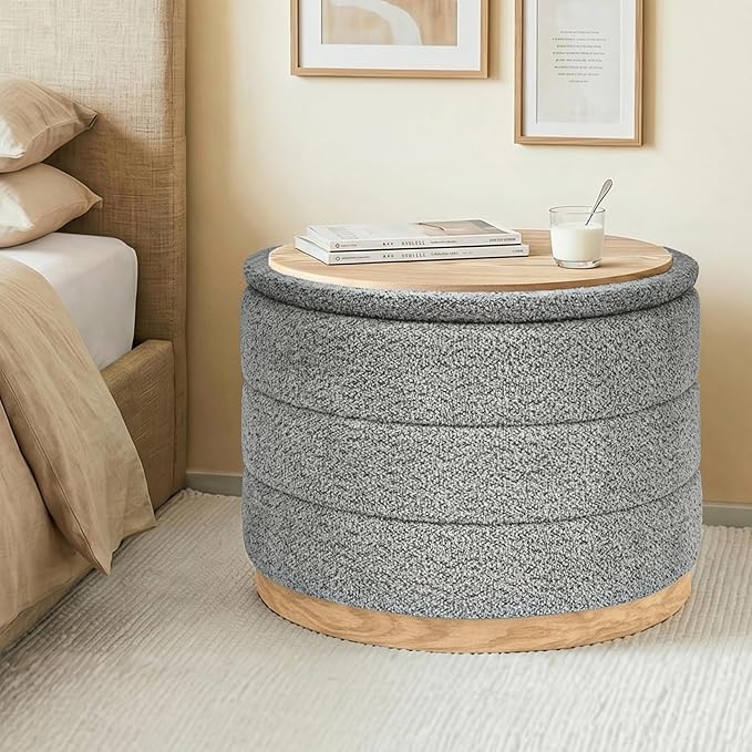 Round Storage Ottoman with Tray Lid, Folding Chenille Fabric Footrest with