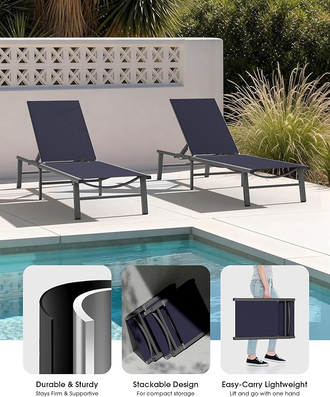 Ciokea Foldable Outdoor Lounge Chair, No Assembly Patio Chaise Lounge Outdoor