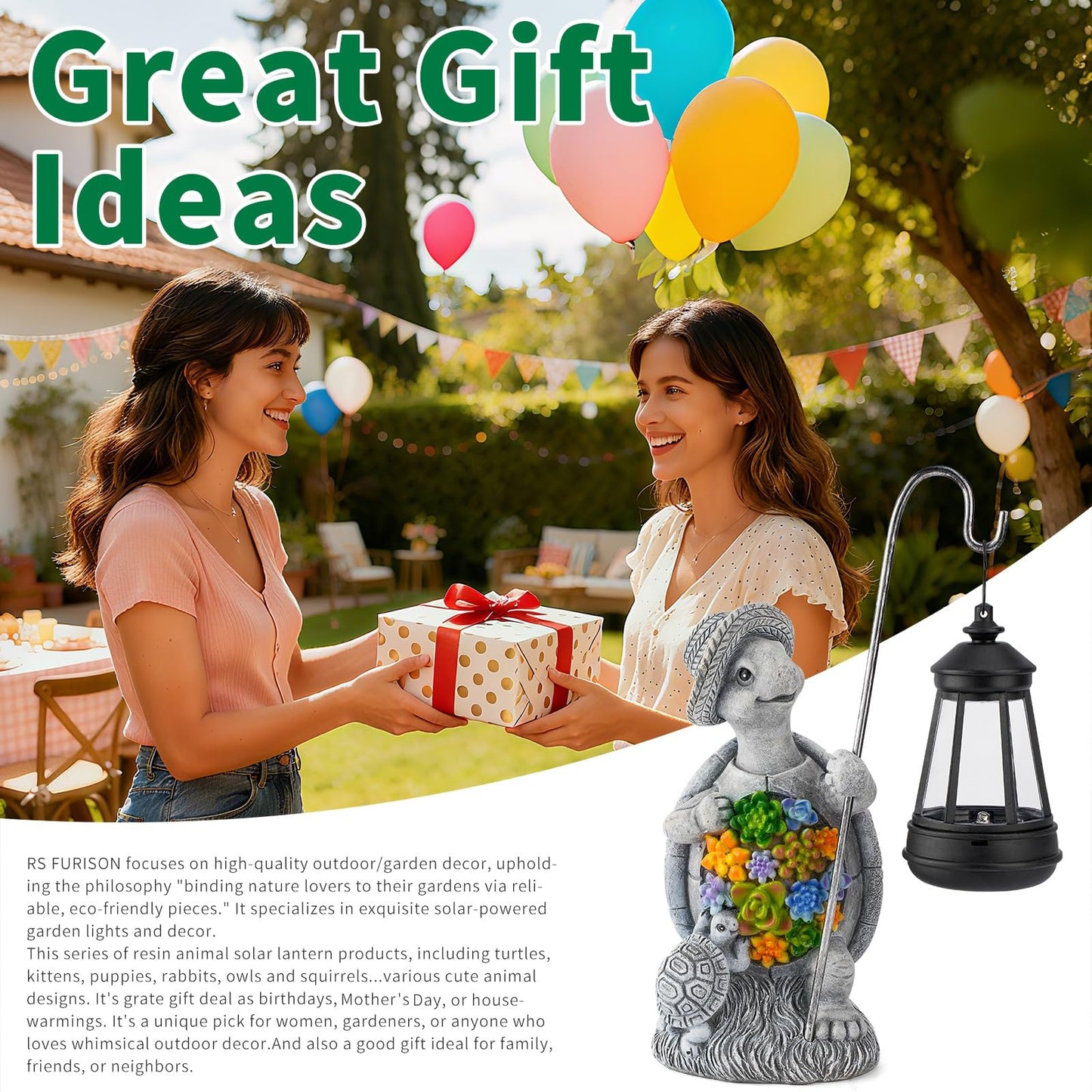 RS FURISON Solar Garden Outdoor Statue Turtle with Hanging LED Lantern —Outside Solar Turtle Decor for Garden,Home,Lawn,Yard, Balcony Ornament- Unique Housewarming Gifts