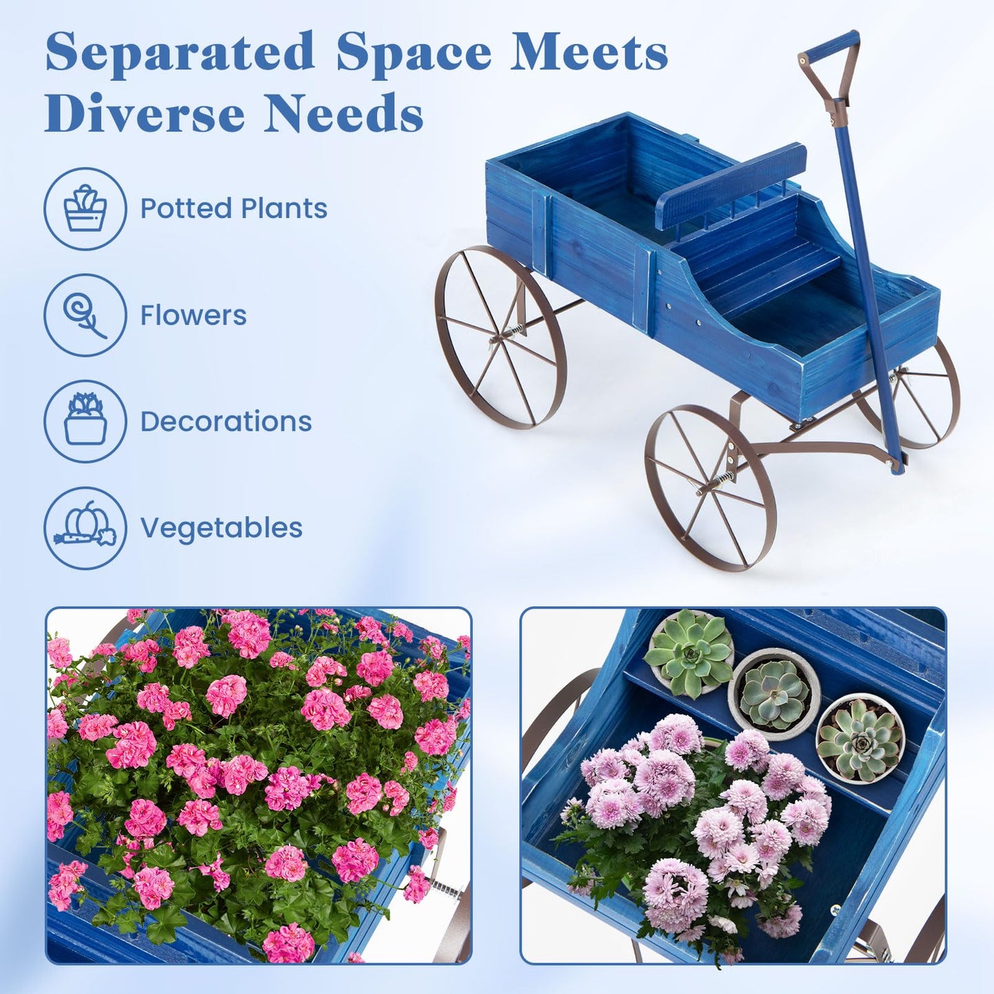 Goplus Wagon Planter, Decorative Wooden Garden Planter with Wheels, 2 Planting Sections and Adjustable Handle, Indoor Outdoor Backyard Balcony Decor (Blue)