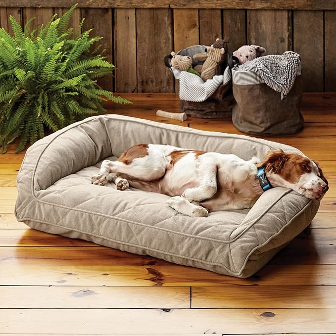 Orvis Comfort Fill-Eco Couch Dog Bed – Plush Three-Sided Bolster with Comfort Fill-Eco Cushion, Quilted Cover, Zip-Off & Machine Washable, Heathered Khaki - Large