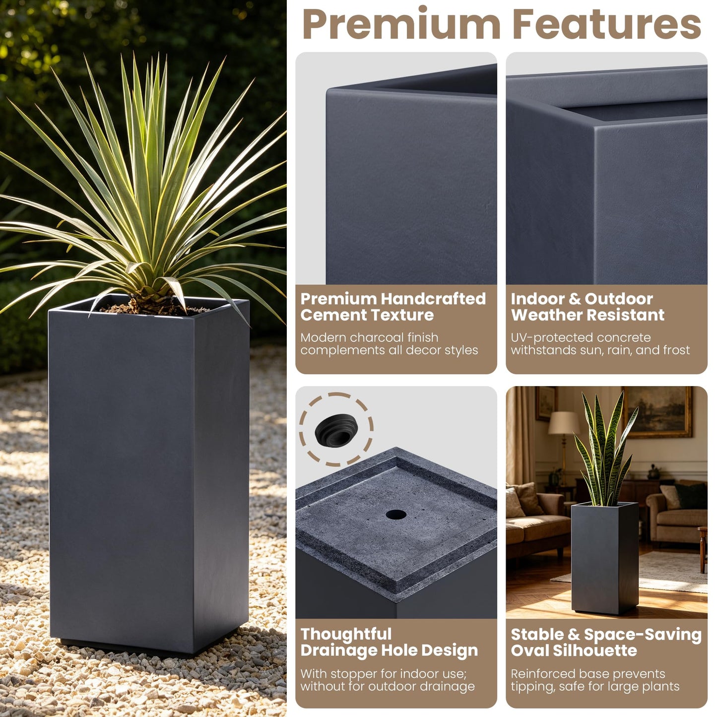 Kante 19.9" H Charcoal Concrete Planter, Tall Modern Rectangular Plant Pot with Drainage Hole & Rubber Plug, Crack-Resistant Lightweight Square Container for Indoor Outdoor Home Garden Patio
