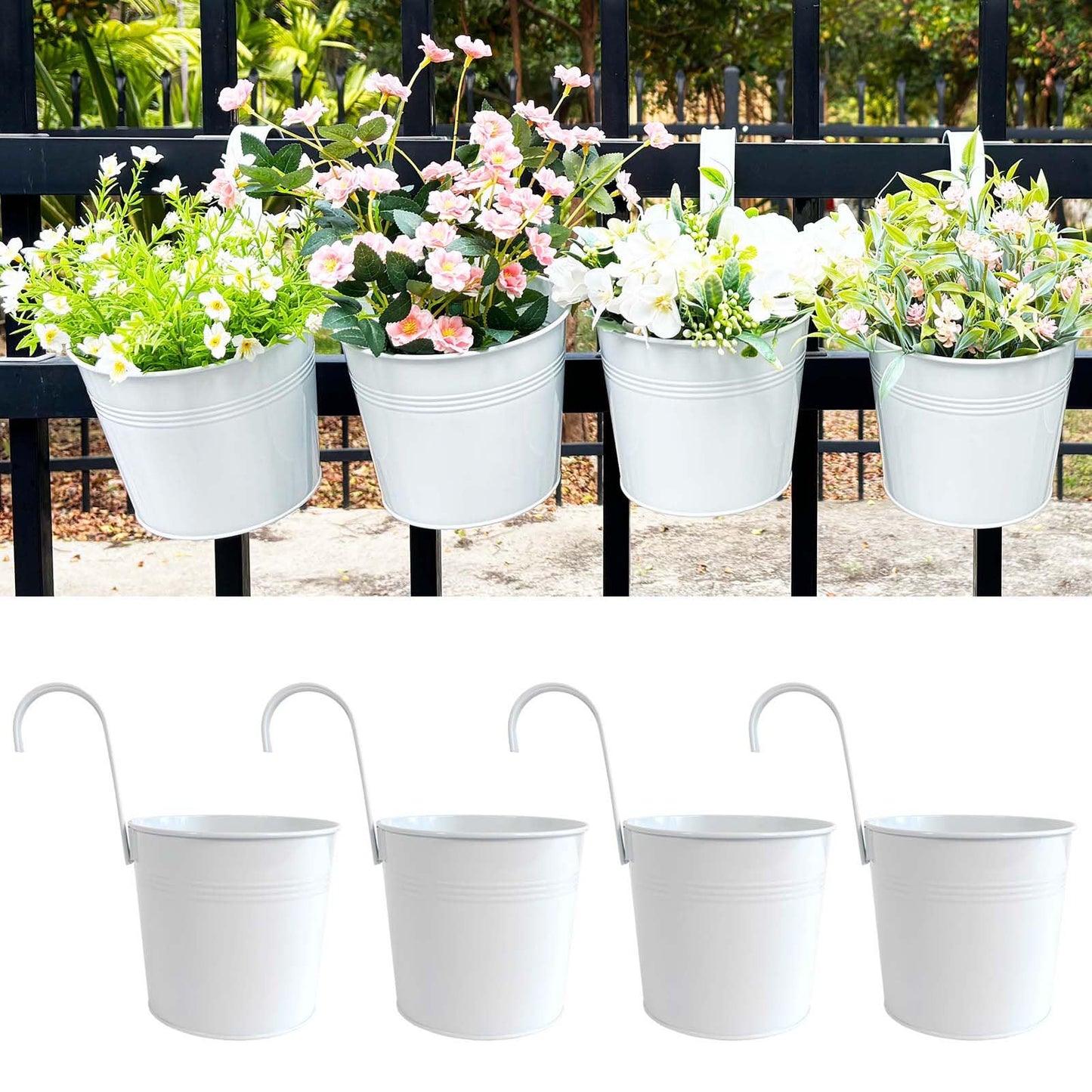 Joyfernal Pack of 4 Hanging Flower Pots, 6" White Metal Balcony Planters for Herb Succulent, Samll Railing Fence Hanging Bucket for Outdoor/Indoor Decoration (White, Pack of 4)