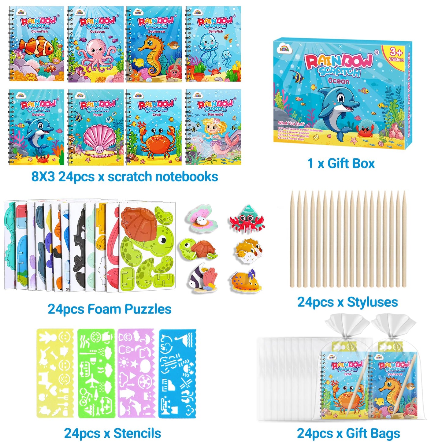 ZMLM 24 Pack Scratch Art Party Favors for Kids 4-8 – Individually Wrapped Rainbow Notebooks, Mess-Free Goodie Bag Stuffers, Non-Candy, Classroom Prizes, Travel Quiet Time Crafts for Boys Girls(Ocean)