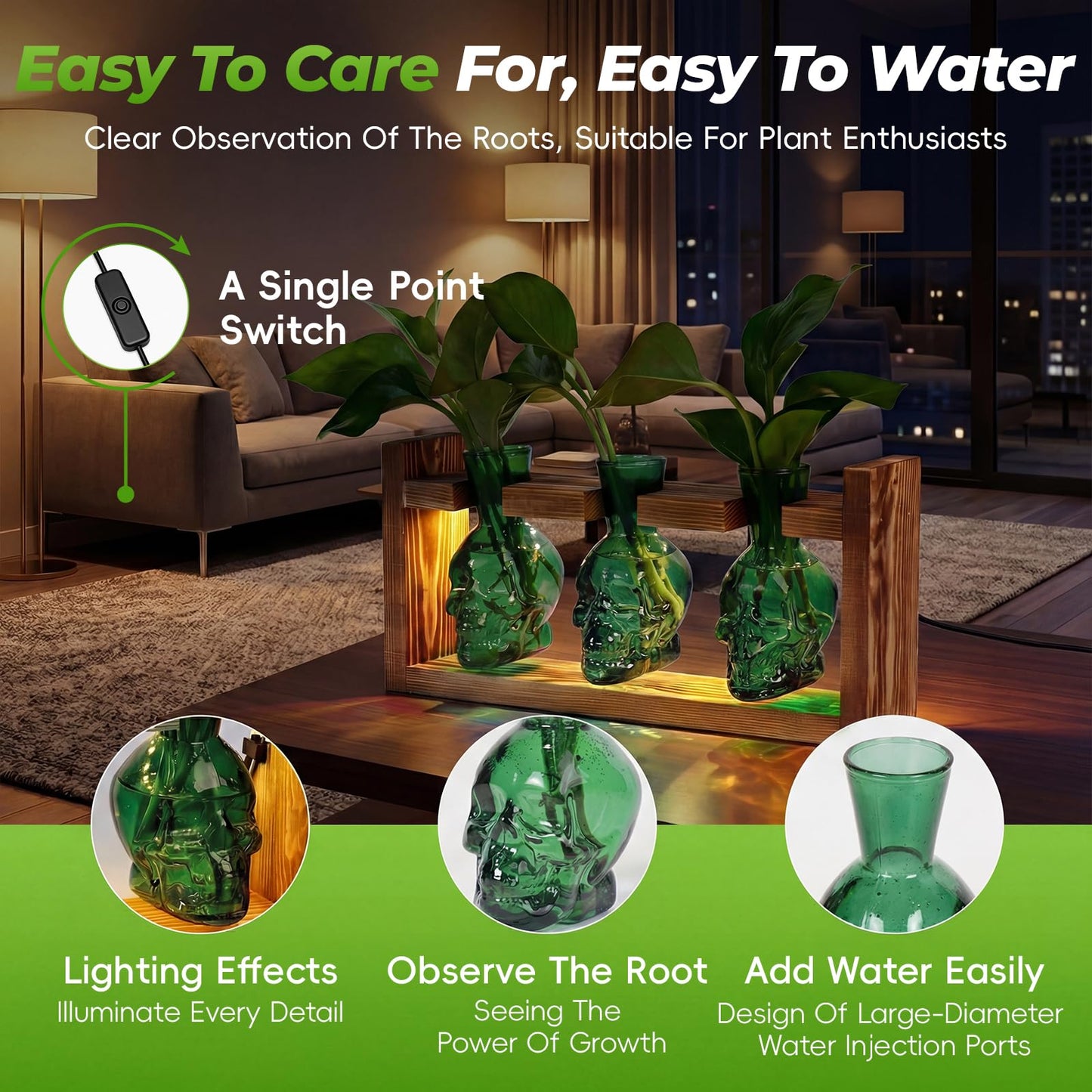 Skull Plant Propagation Station with LED Lights - Halloween Decor Skull Planter, Hydroponics Pot for Office, Unique Gifts for Women & Plant Lovers(Grey)