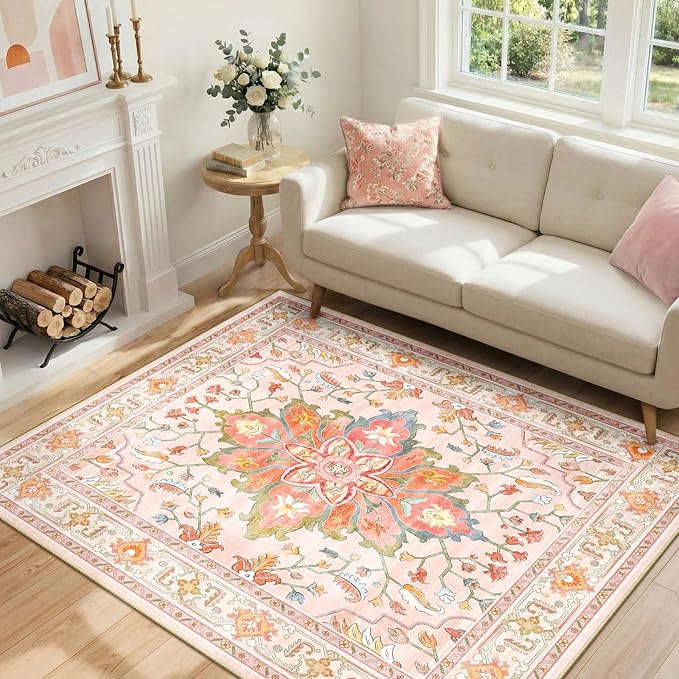 RELEANY Area Rugs 4'x6' Washable Non-Slip, Floral Vintage Distress Print