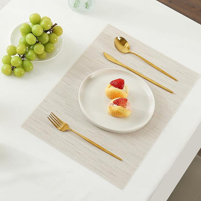 Leetaltree Pale Beige Placemats Set of 12 - Heat Resistant Non-Slip Place mats for Dining Table, Washable Durable PVC Vinyl Woven Table Mats（Pale Beige, 12）