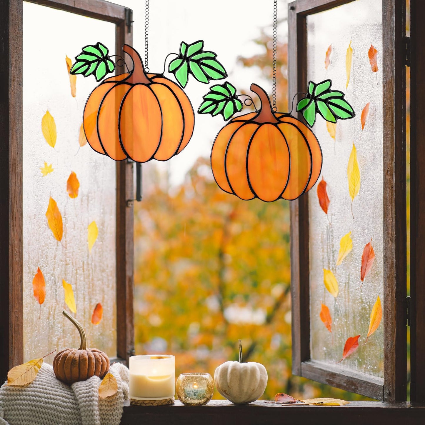 Yalikop 2 Pcs Thanksgiving Fall Pumpkin Suncatcher Decoration Halloween Pumpkin Stained Glass Window Hangings Sun Catcher for Office Party Home Decor Gifts Window Home Garden Fall Crafts Harvest Decor