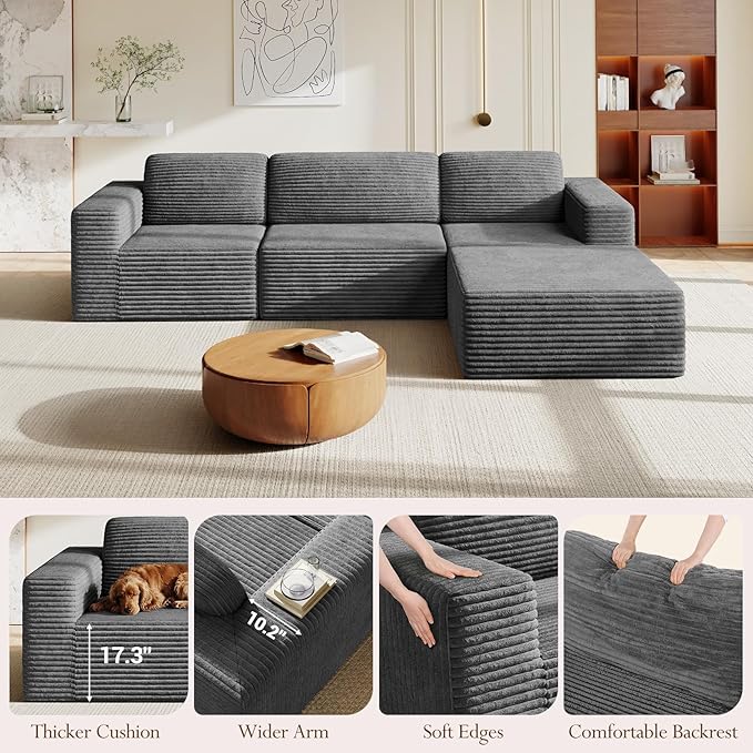 Vesgantti 119" L-Shaped Modular Sectional Sofa, Corduroy Cloud Couch