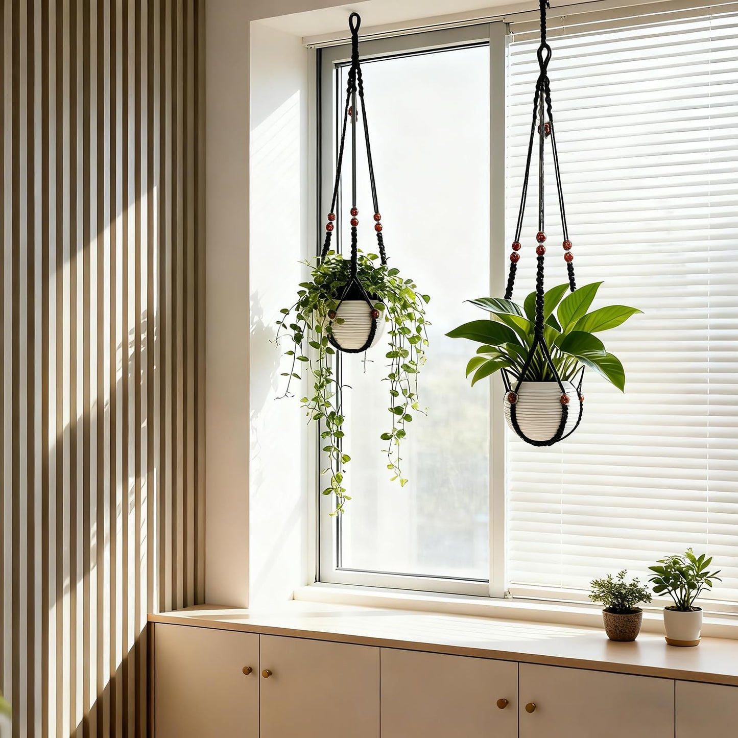 HOREAKHJ 35 Inch Macrame Plant Hanger, Large for up to 15 Inch Pot Extra Long Hanging Planter Holder Basket with Wood Beads for Indoor Outdoor Home Decor (Black, 1-Pack)