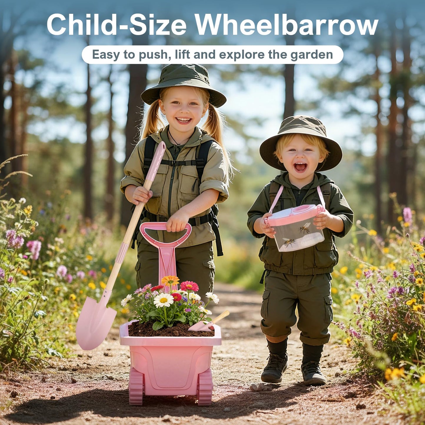 Dreamon Kids Gardening Tools & Bug Catcher Kit, 2-in-1 Outdoor Toys with Wheelbarrow and Bug House, STEM Educational Toys for 3 Year Old, Birthday Gifts Outdoor Gifts for Kids 3-5, Pink