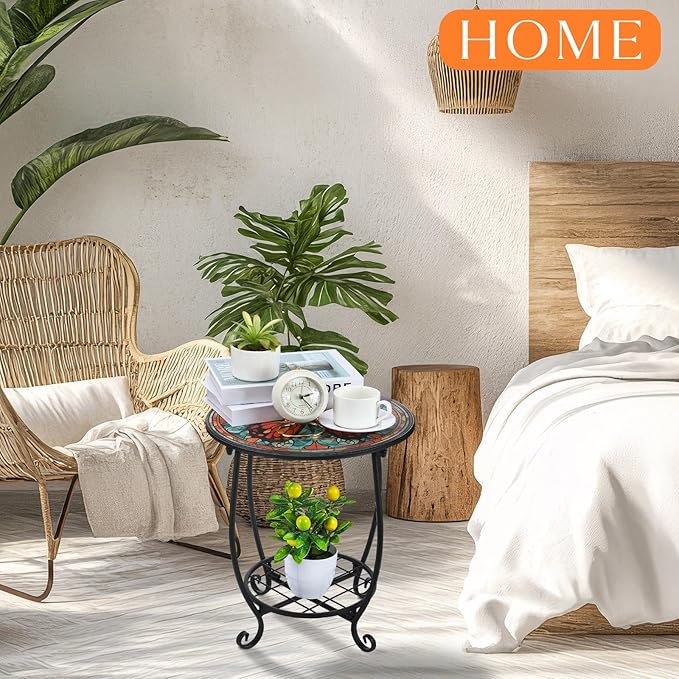 Cinnvoice Outdoor Side Table Round Small Mosaic Patio Accent Indoor End Plant