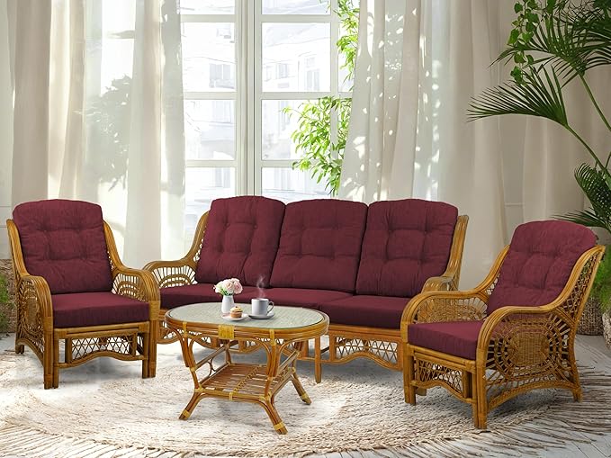 Malibu Lounge Set of 4: 2 Natural Rattan Wicker Chairs, Three-Seater Sofa