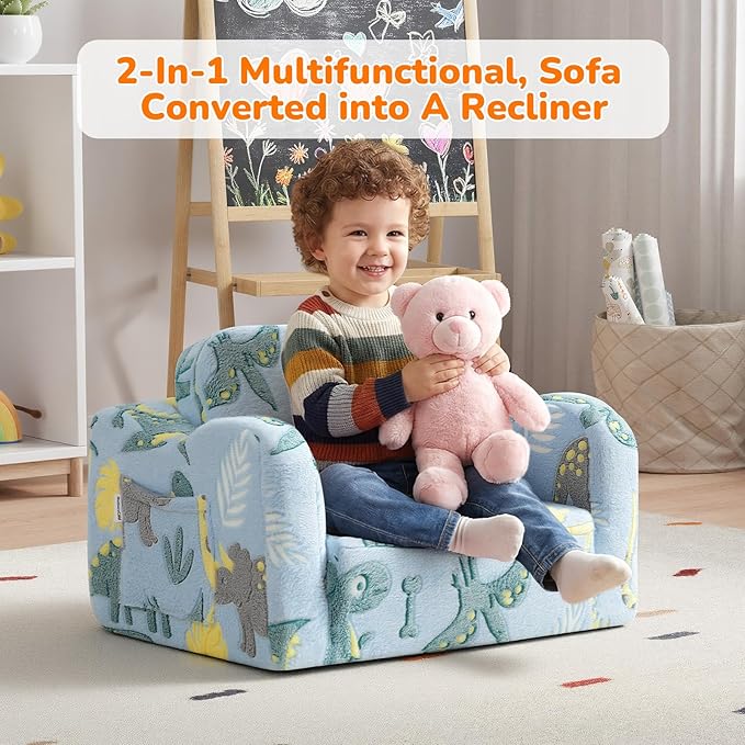 MeMoreCool Glowing Dinosaur Kids Chair, 2-in-1 Convertible Kids Couch Fold Out