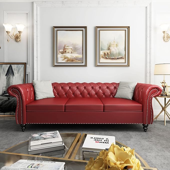 ORRD 3 Pieces Living Room Set, Chesterfield Sofa Faux Leather Loveseat Couch