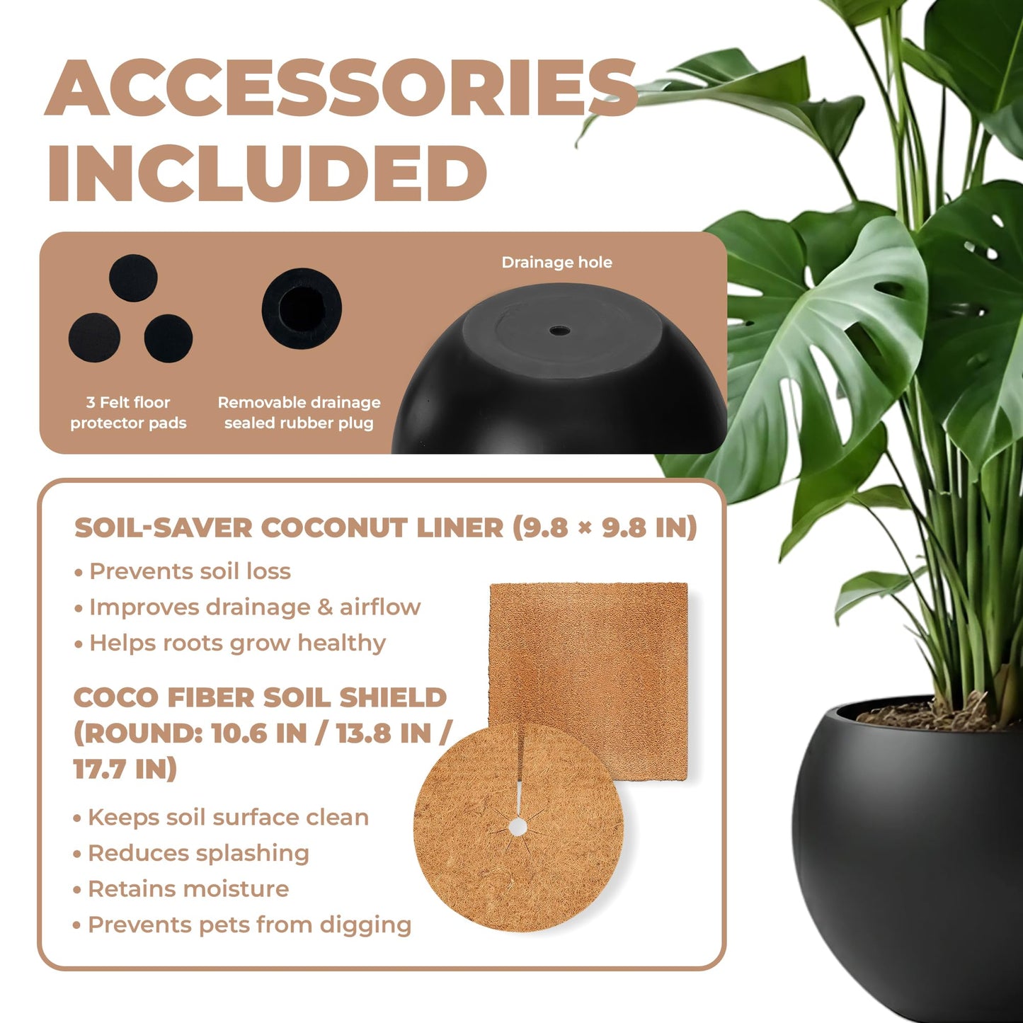 DEPLA LANE Marlo Fiberstone Round Planter (8.5" Pot Opening x 12.6" D x 9.8" H) Smooth Finishes, Lightweight, Durable, UV Resistant, Modern Minimalist Home Decor, Indoor Outdoor Plant Pot (S, Black)