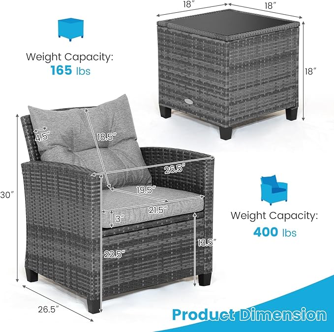 HAPPYGRILL 3 Pieces Patio Conversation Set, Outdoor Furniture Set PE Rattan