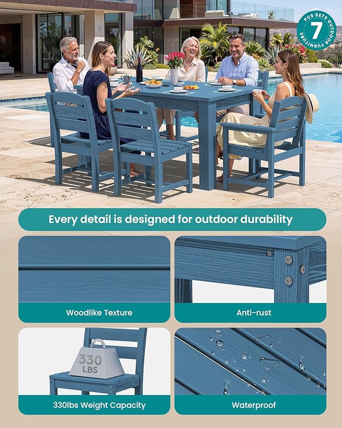 SERWALL HDPE Dining Set for 6: 1 Umbrella Hole Table, 4 Armless + 2 Armchairs.