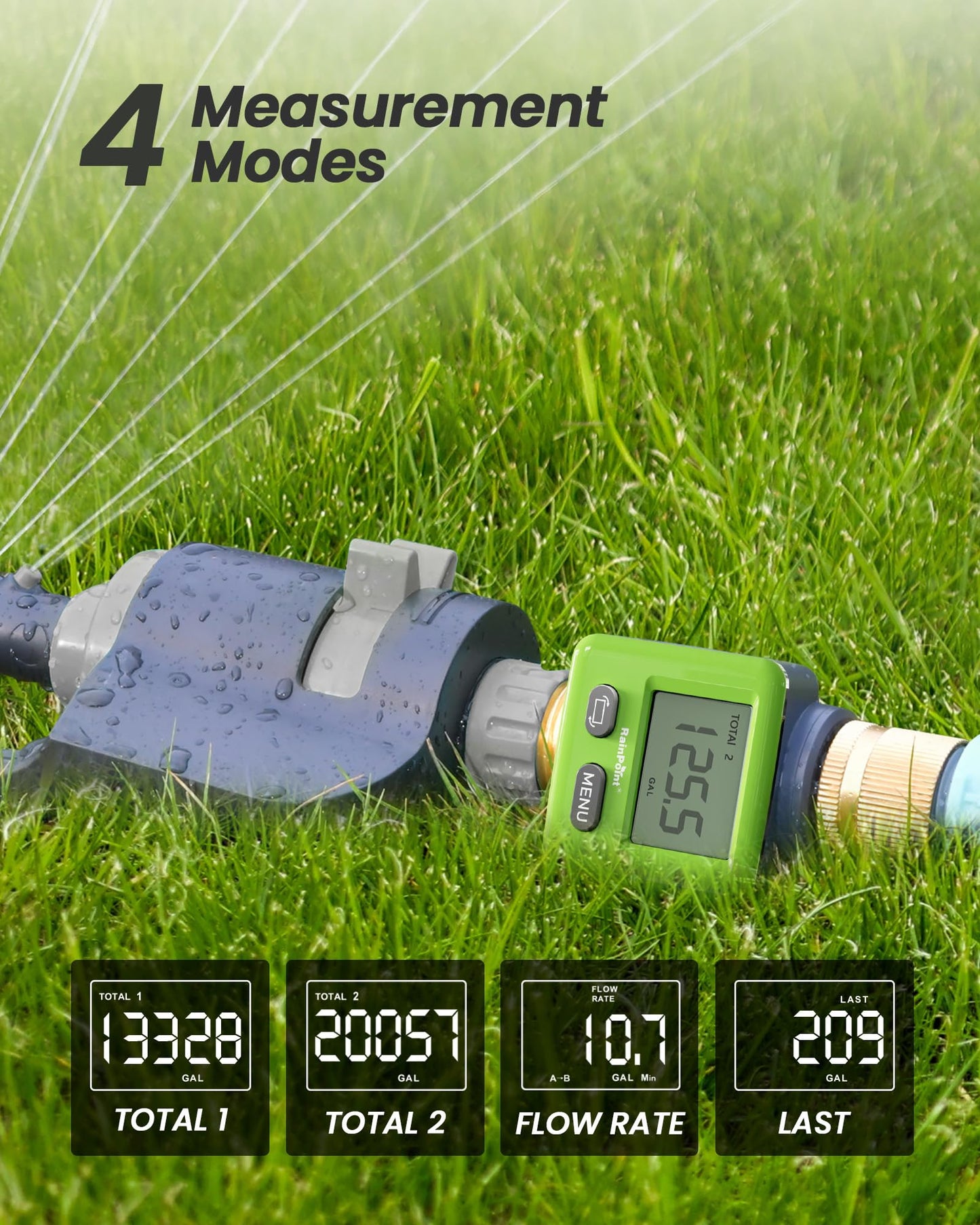 RAINPOINT Water Flow Meter, ±5% Accuracy, Pure Brass Inlet & Outlet Water Meter, 180° Screen-Flip, 4 Measure Modes for Outdoor Garden Hose, Lawn Sprinkler Watering, RV Water Tank Filling, Green