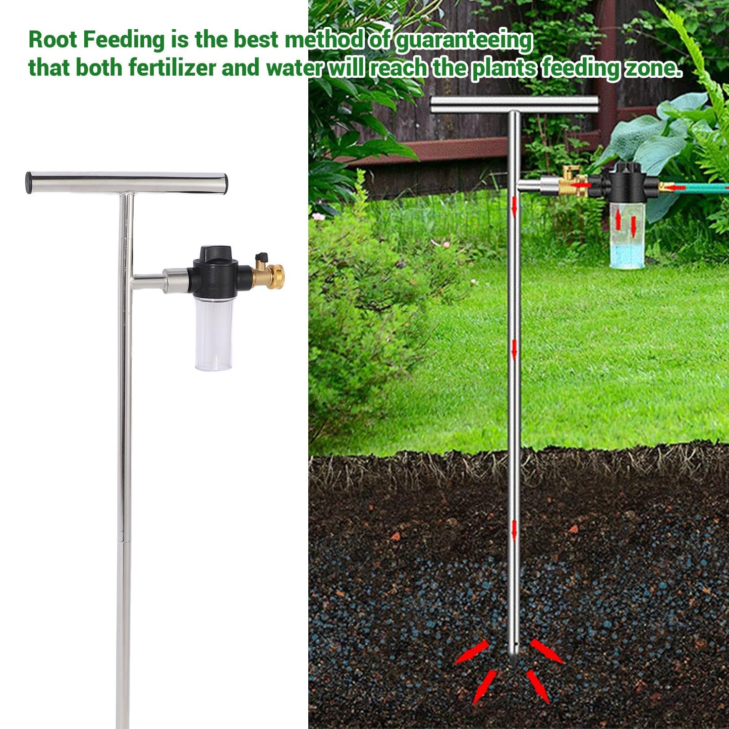 Deep Root Watering Tool, Stainless Steel Root Feeder with Fertilizer Bottle Watering Wand Irrigation System Watering Stake for Trees Bushes Shrubs with Brass Valve T Handle