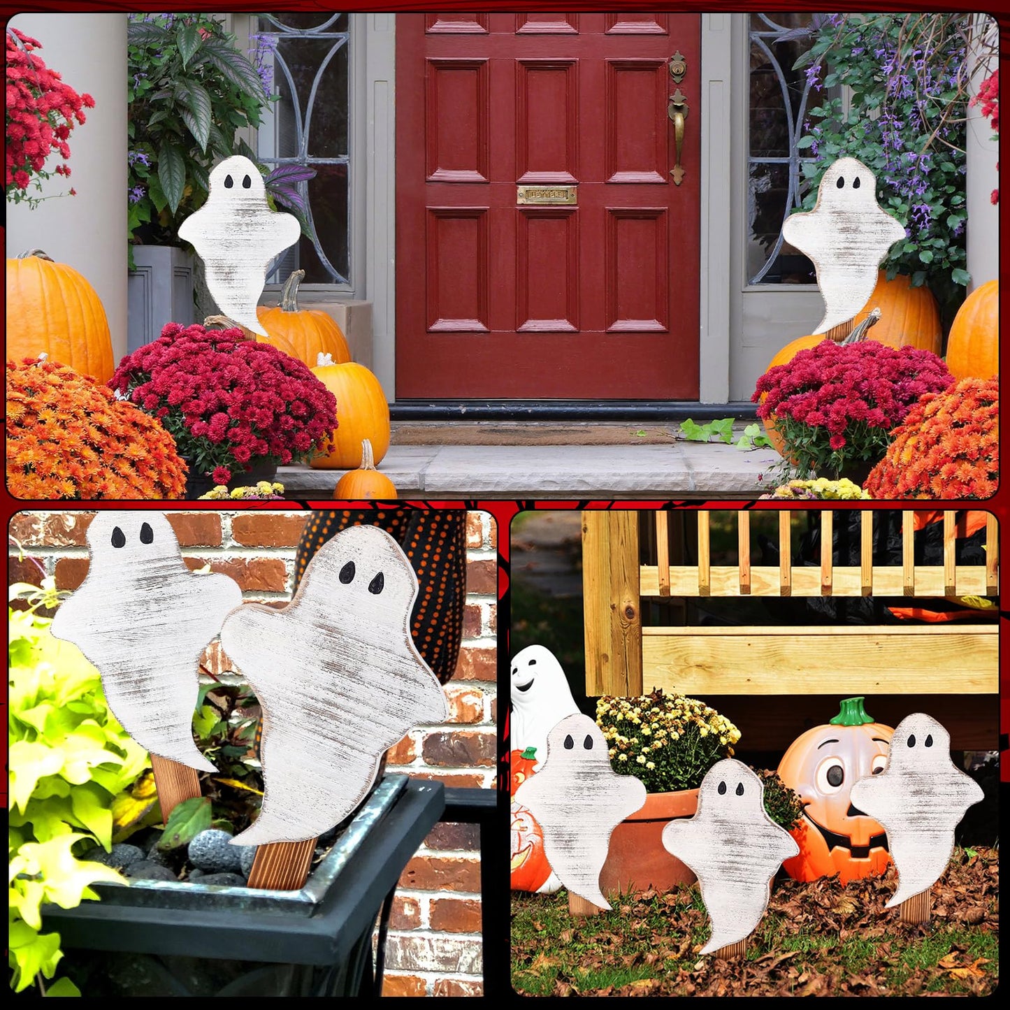 Amyhill 6 Pcs Wooden Halloween Ghost Yard Stakes 15'' Farmhouse Yard Signs Garden Decorations for Holiday Outdoor Lawn Patio Pathway Driveway Party Supplies, 3 Designs