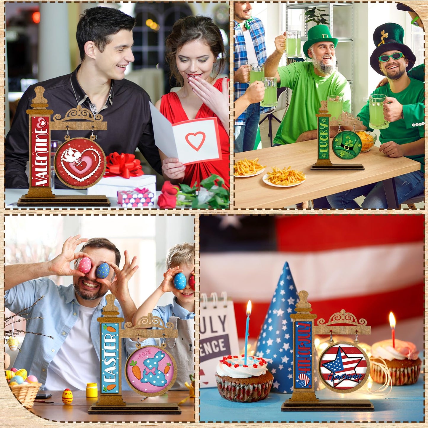 RattanView 41 Pcs Interchangeable Seasonal Decor Mini Standing Sign Farmhouse Convertible Holiday Wood Welcome Sign for Summer 4th of July Home Sweet Home Table Decor(Dark Brown)