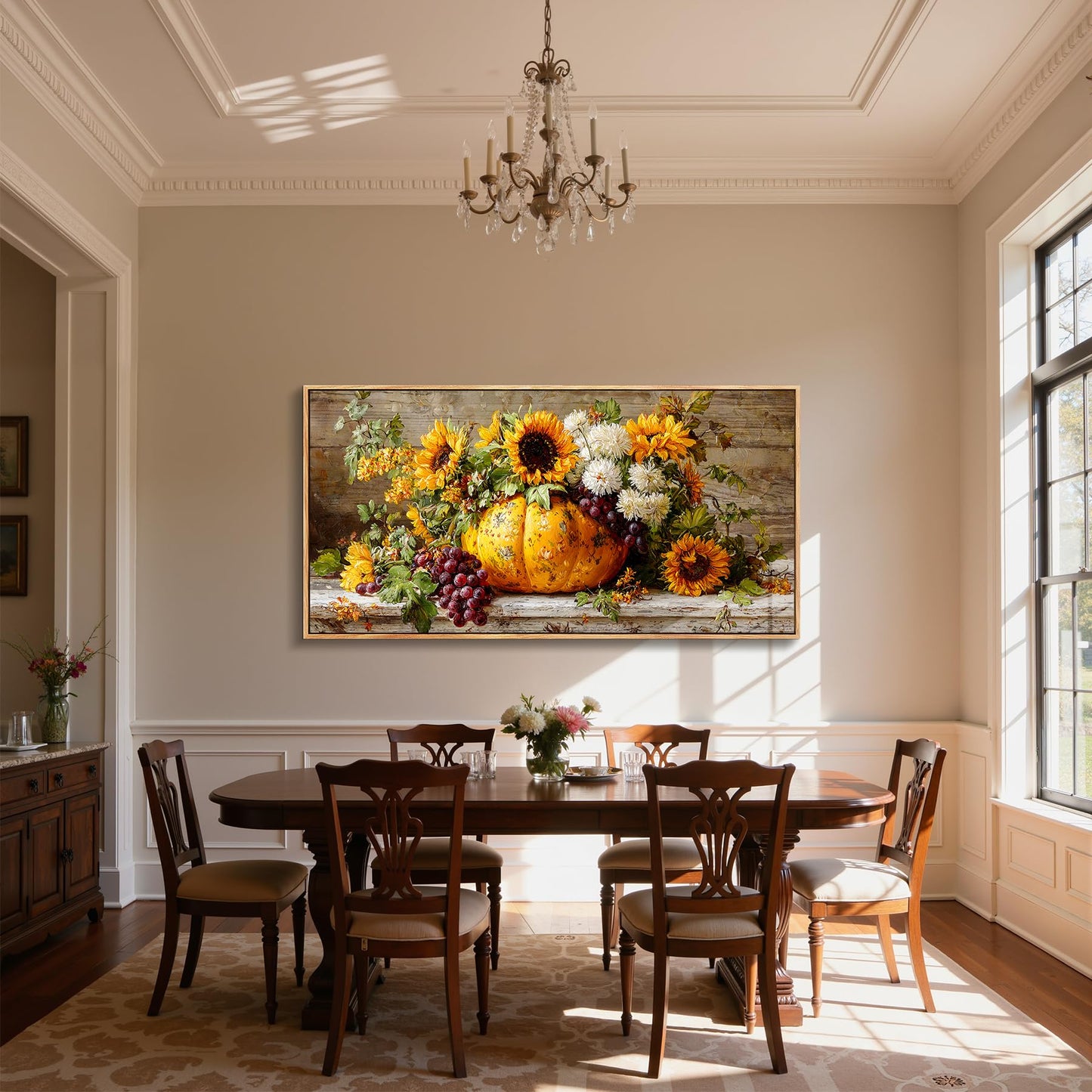 SERIMINO Oversized Wall Art, Flower Wall Art, Framed Artwork for Walls, Sunflower Botanical Prints, Pumpkin Fruit Large Painting, Rustic Pictures Wall Decor Living Room Dining Room Farmhouse 29"x57"