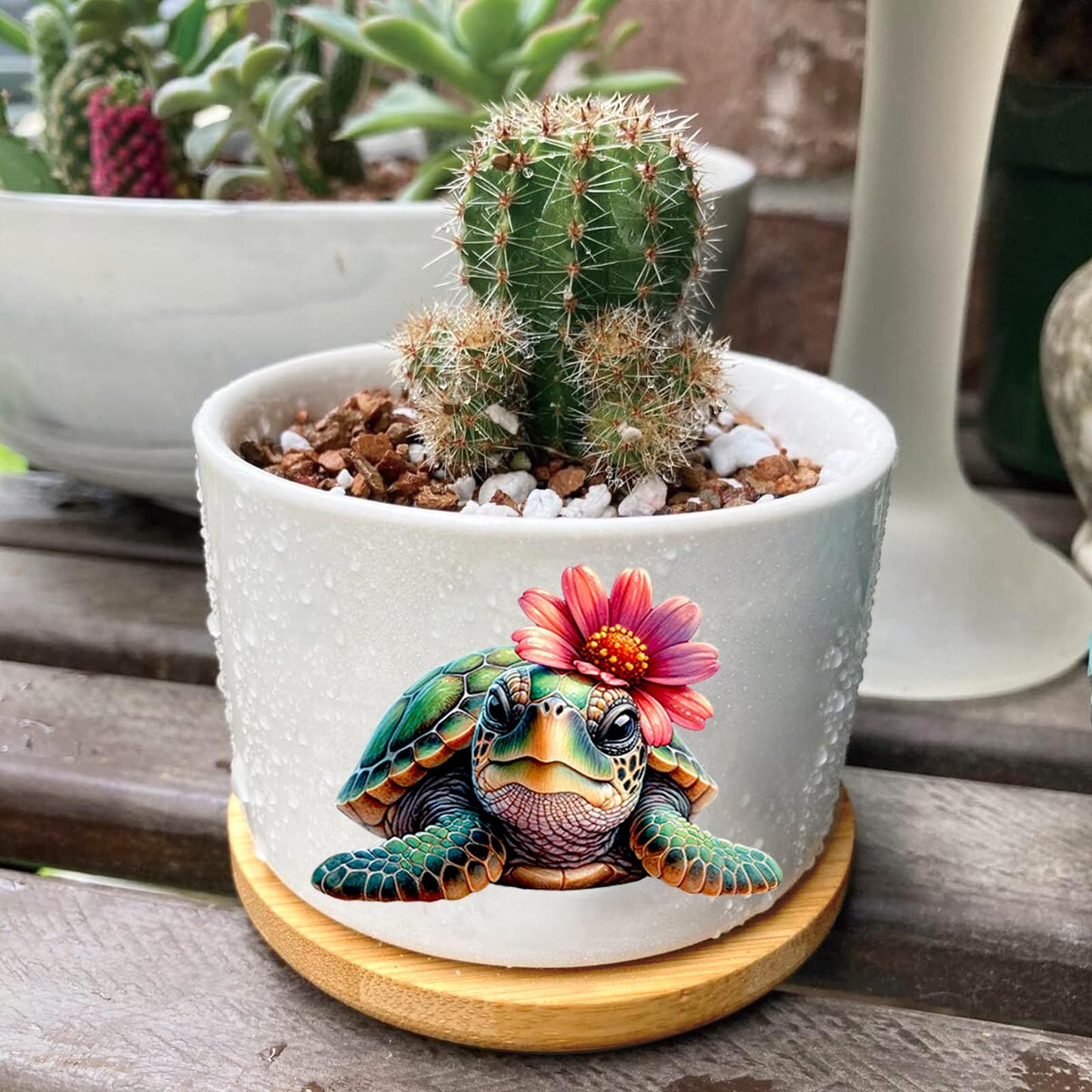 Databa Turtle Succulent Pots 3 Pack, 3 Inch Succulent Planters with Drainage and Bamboo Tray, Turtle Gifts for Women, Ceramic Small Pots for Baby Plants, Cactus, Herbs- Plants Not Included