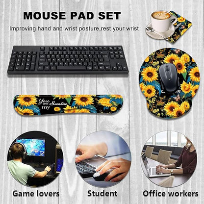 Keyboard Wrist Rest and Mouse Wrist Rest Pad with Cup Coaster,Made of Memory Foam,Ergonomic Support,Easy-Typing and Pain Relief,for Gaming Office Home Computer,You are My Sunshine Sunflower