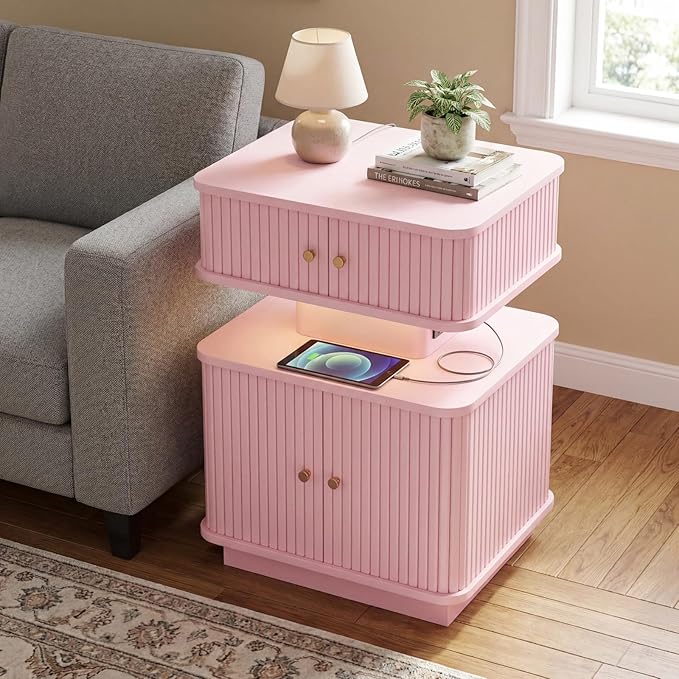 Nightstand with Charging Station, Modern Night Stand with Smart Led Light and 2