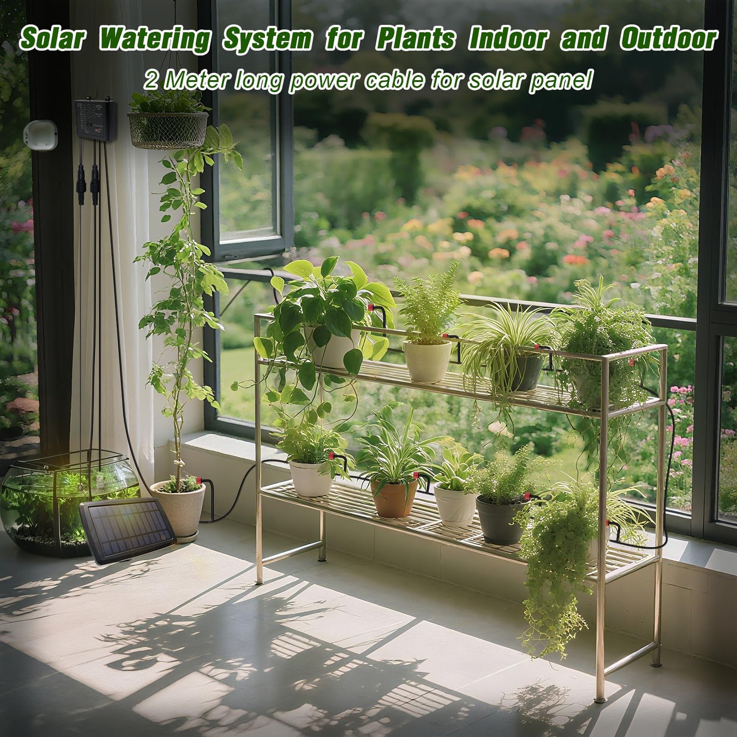 Solar Drip Irrigation System for Garden, Automatic Drip Irrigation Kit with 33FT Tubing, Solar Powered Plant Watering Device for Potted Plants, Vacation, Outdoor No Wiring Needed (10 Pots)