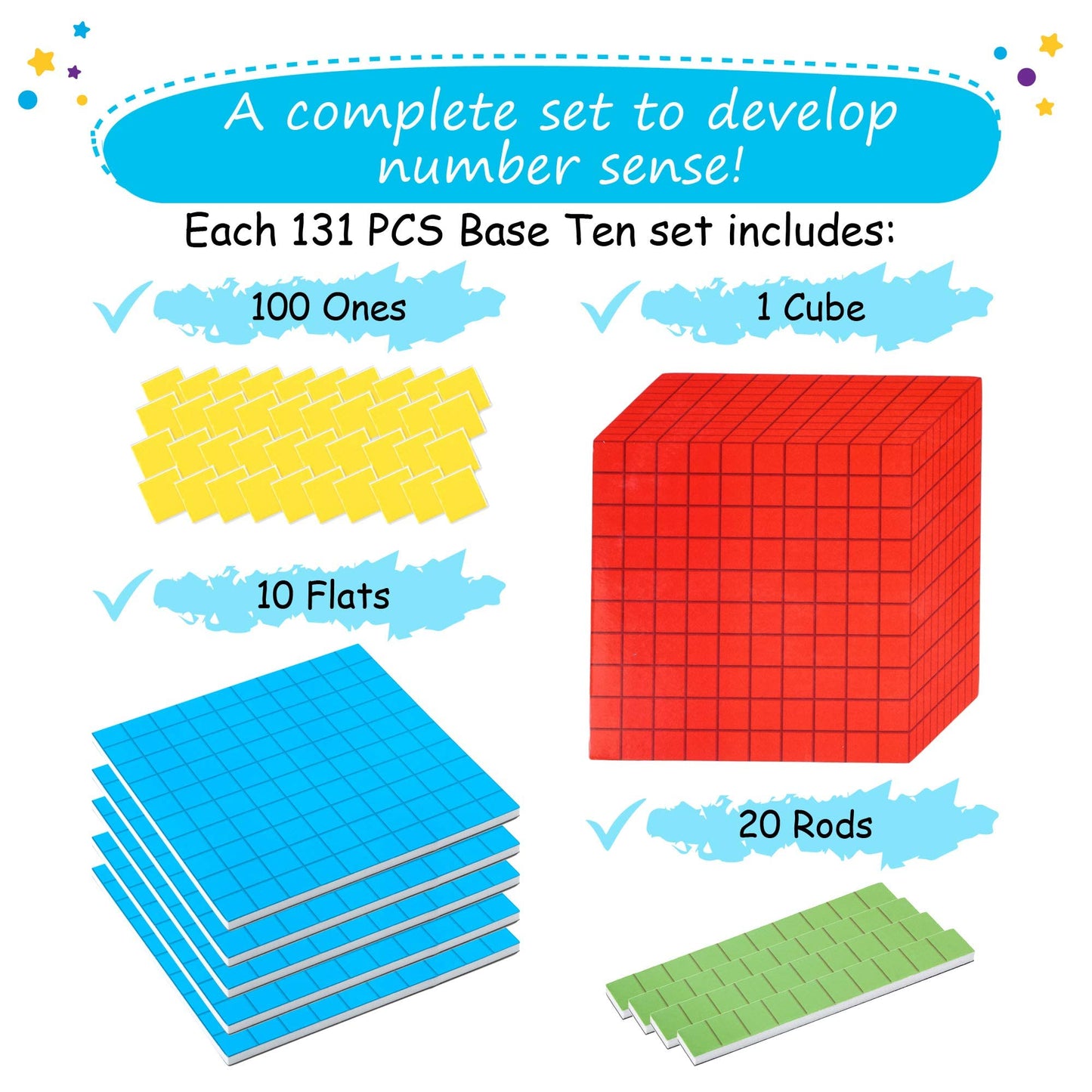 131 PCS Jumbo Magnetic Base Ten Blocks for Math - Place Value Blocks, Base 10 Math Manipulatives K-3, Number Blocks, Math Counters for Kids, Math Cubes, Counting Blocks, Kindergarten 1st 2nd 3rd Grade