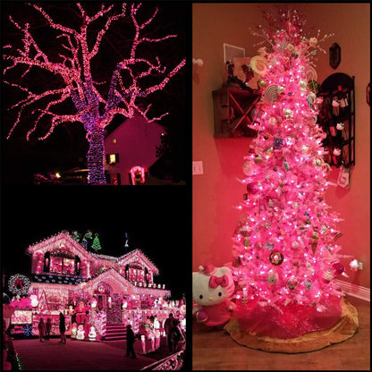 YULETIME 100 ft 300 Count Pink LED String Lights with 8 Models Adapter, Clear Wire Wide Angle 5mm Christmas Lights (Pink - Multimode)