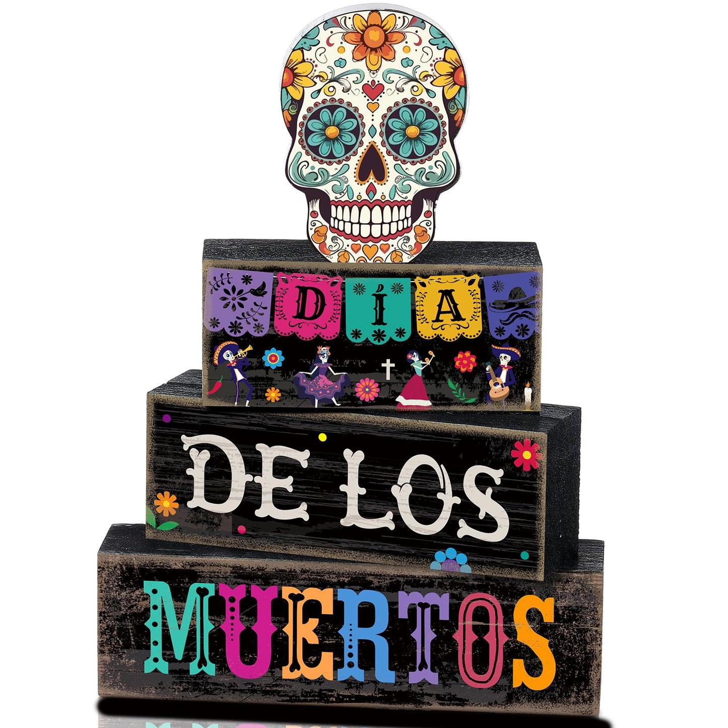 Lineshading 4 Pcs Day of The Dead Table Decorations Day of The Dead Centerpiece for Table Dia De Los Muertos Tiered Tray Decor Wood Sugar Skull Block Signs for Halloween Party Home Shelf Decoration