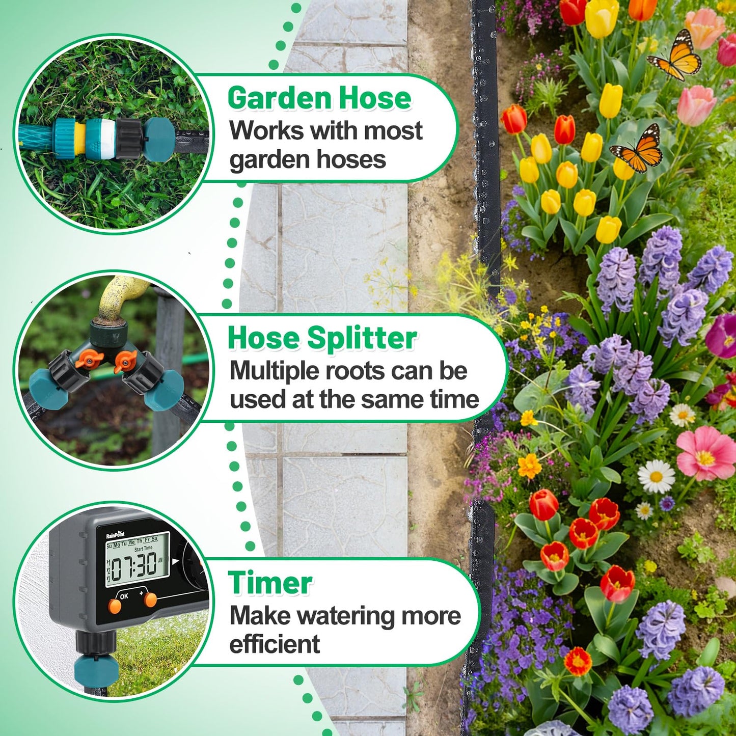 Soaker Hose 50FT for Garden Beds - 3/4" Heavy Duty Double Layer Drip Irrigation Hose, Save 85% Water, Linkable Flat Soaker Hose for Lawn Flower Bed Vegetable Field Effective Watering