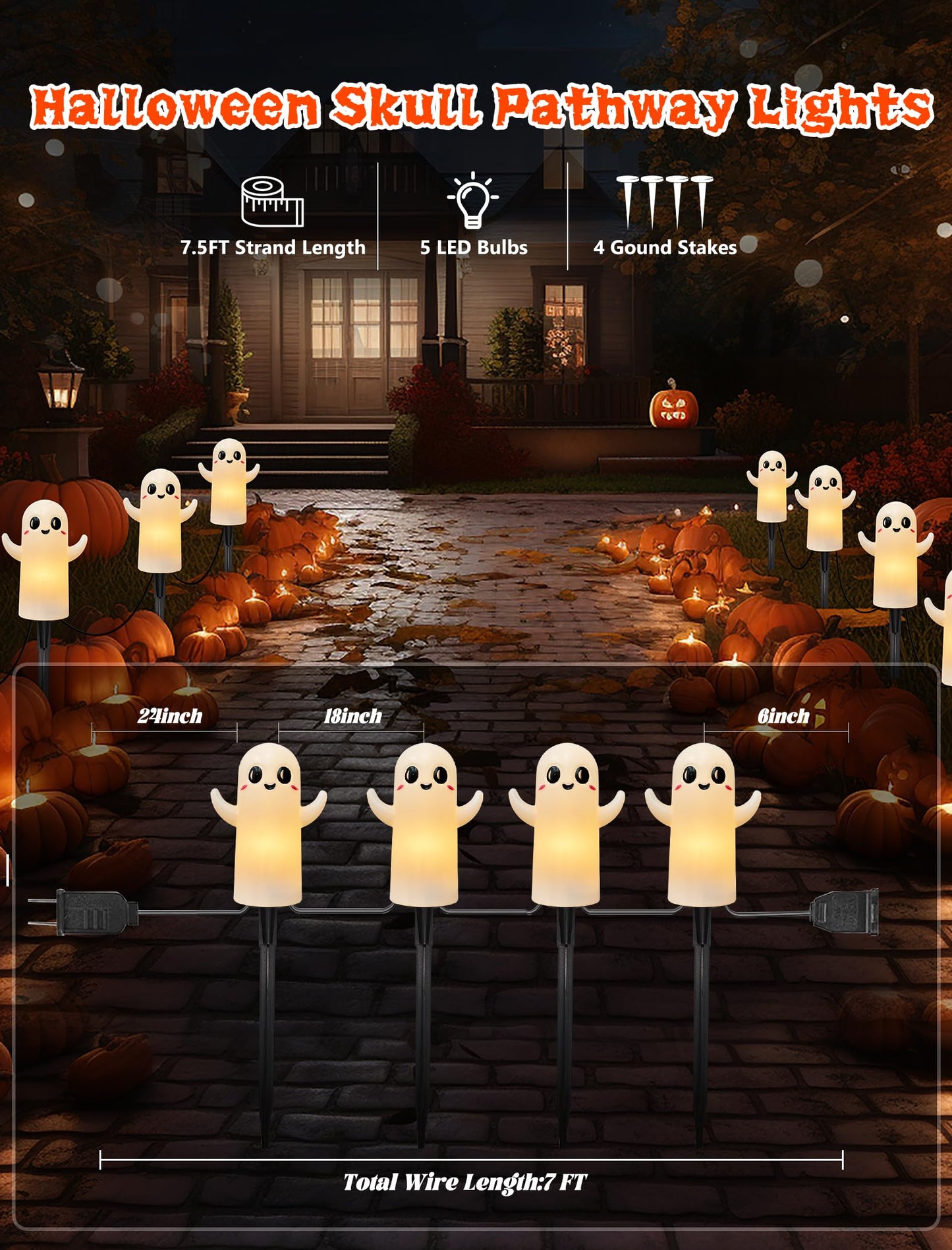 Halloween Ghosts Pathway Lights,4 Pack Ghosts Stake Lights with C7 Clear Bulbs,7Ft Extendable Waterproof Walkway Lights Halloween Decor for Yard Porch Lawn Pathway Garden