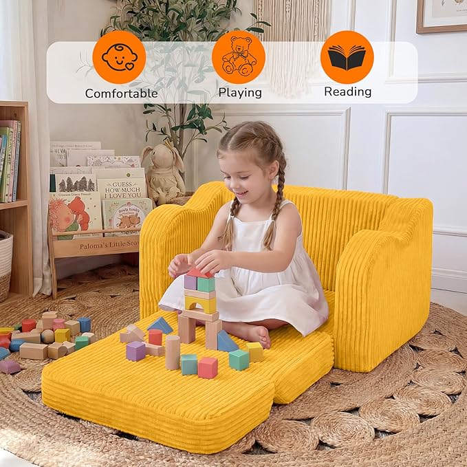 MeMoreCool Toddler Couch, 2-in-1 Corduroy Kids Couch Fold Out to Lounger