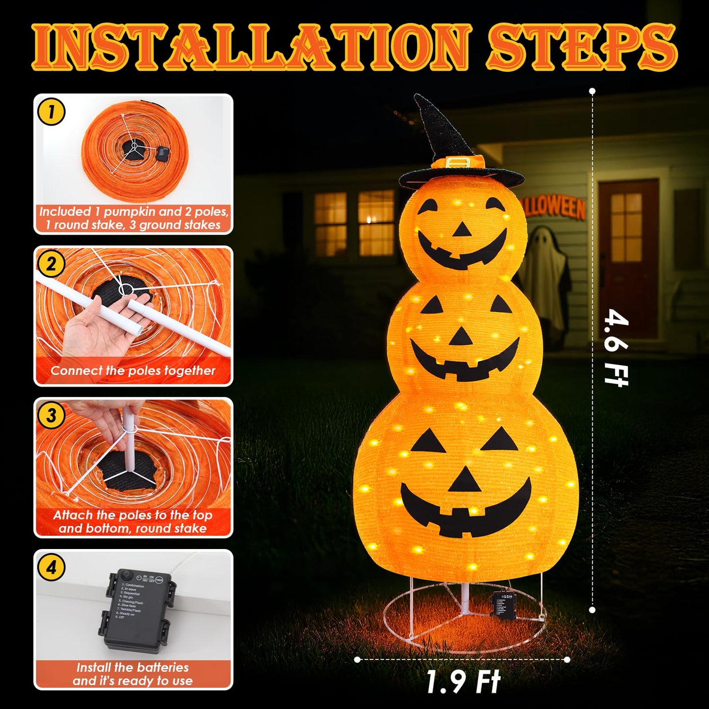 Halloween Pumpkin Decorations, Battery Operated Pre-Lit Collapsible Jack-o-Lantern with 100 LED & 8 Modes, Pop Up Pumpkin Decor for Indoor Outdoor Yard, Party, Halloween Fall Holiday