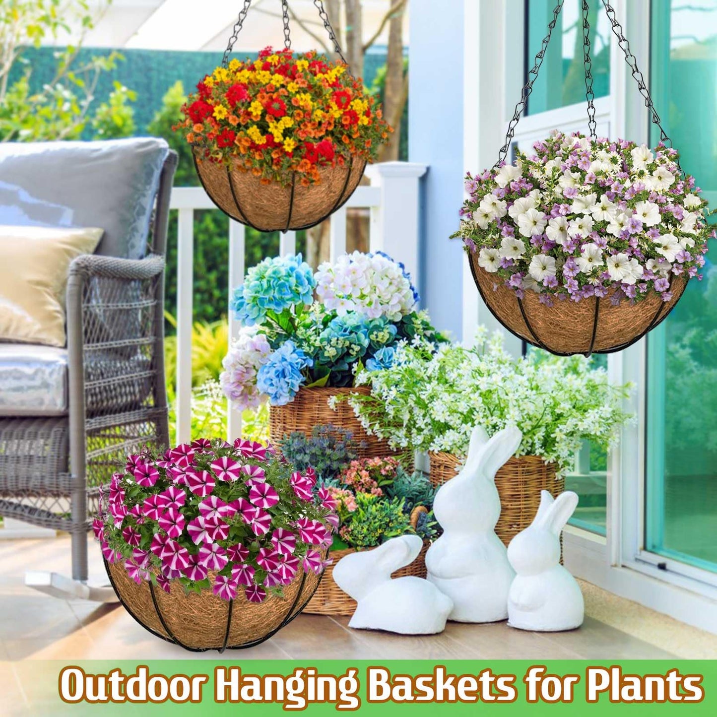 ZeeDix 3 Pack 12 Inch Outdoor Hanging Baskets, Metal Wire Hanging Planters with Coconut Liners, Round Hanging Baskets for Plants Flowers Ferns Home Garden Porch Balcony Railings Decor