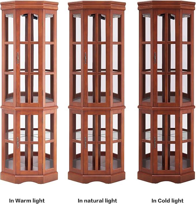 Corner Curio Cabinet with Lighting System, Adjustable Tempered Glass Shelves