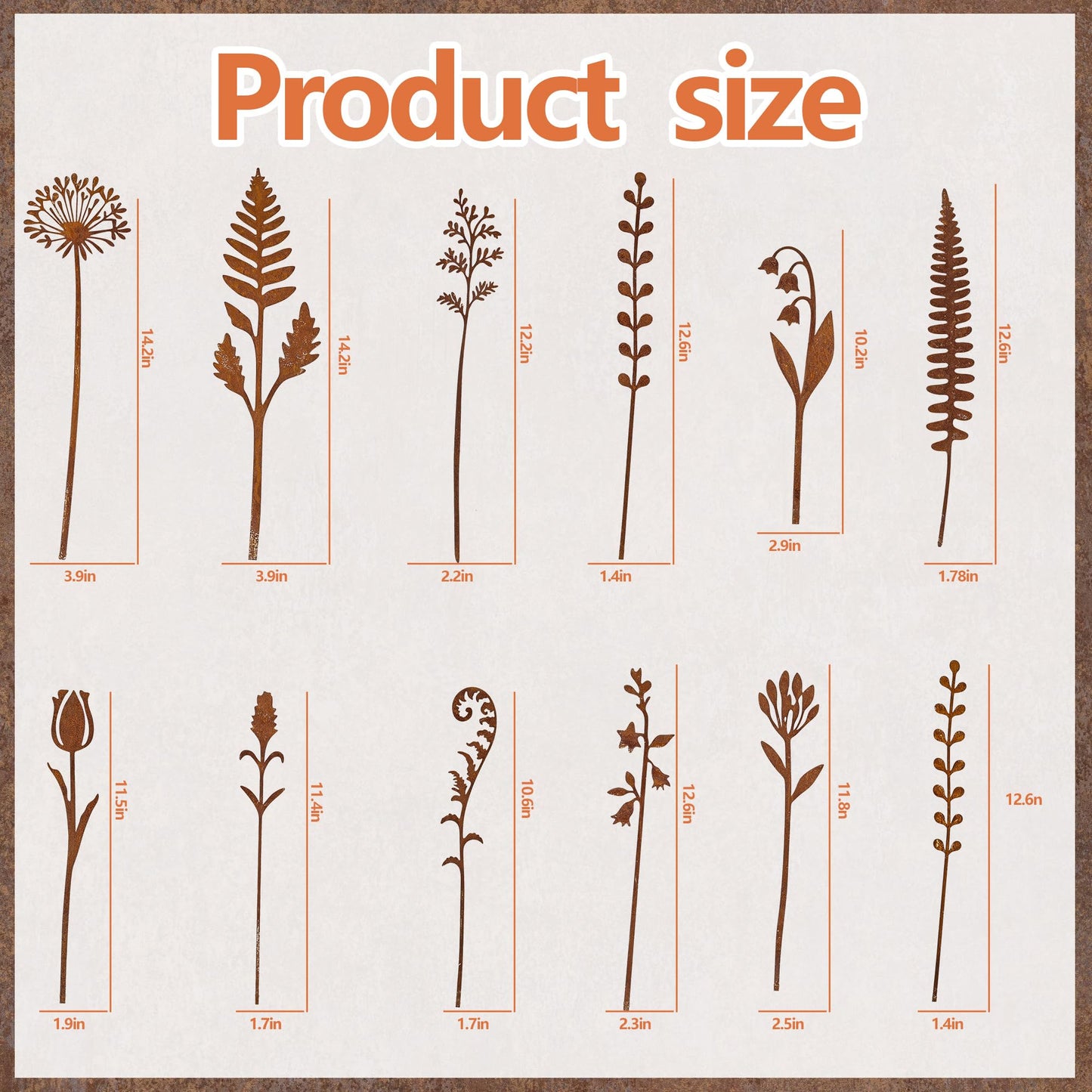 12 Pieces Rustic Metal Flowers and Plants Garden Stakes Rusty Plant Shaped Decoration Fern Leaf Decor for Flower Arrangements Potted Plants Patio Lawn Yard Walkway and Outdoor Courtyard Decoration